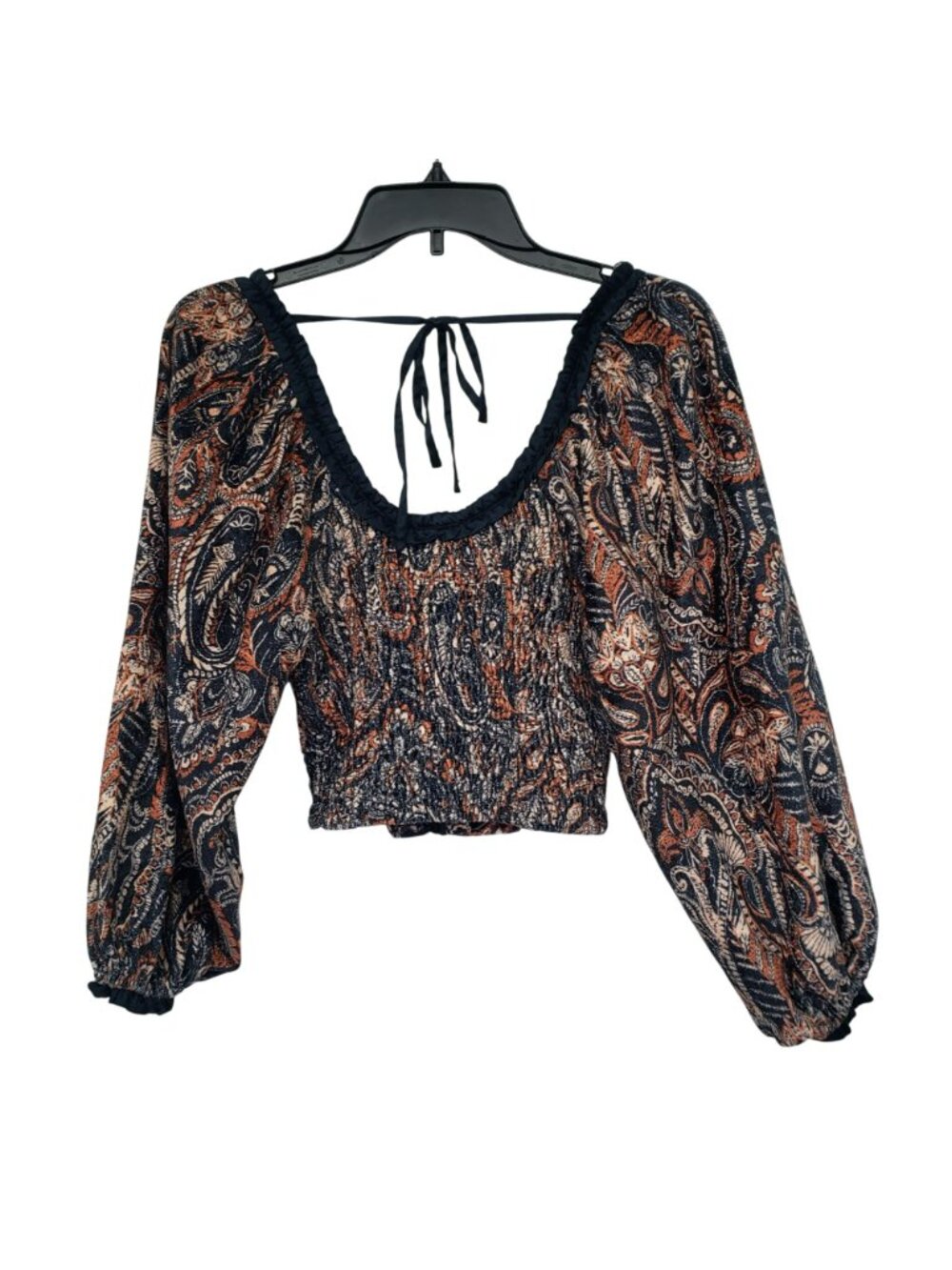 Free People Dare Me Velvet Puff Sleeve Blouse Milkmaid Paisley Blue Orange Boho - Picture 4 of 14